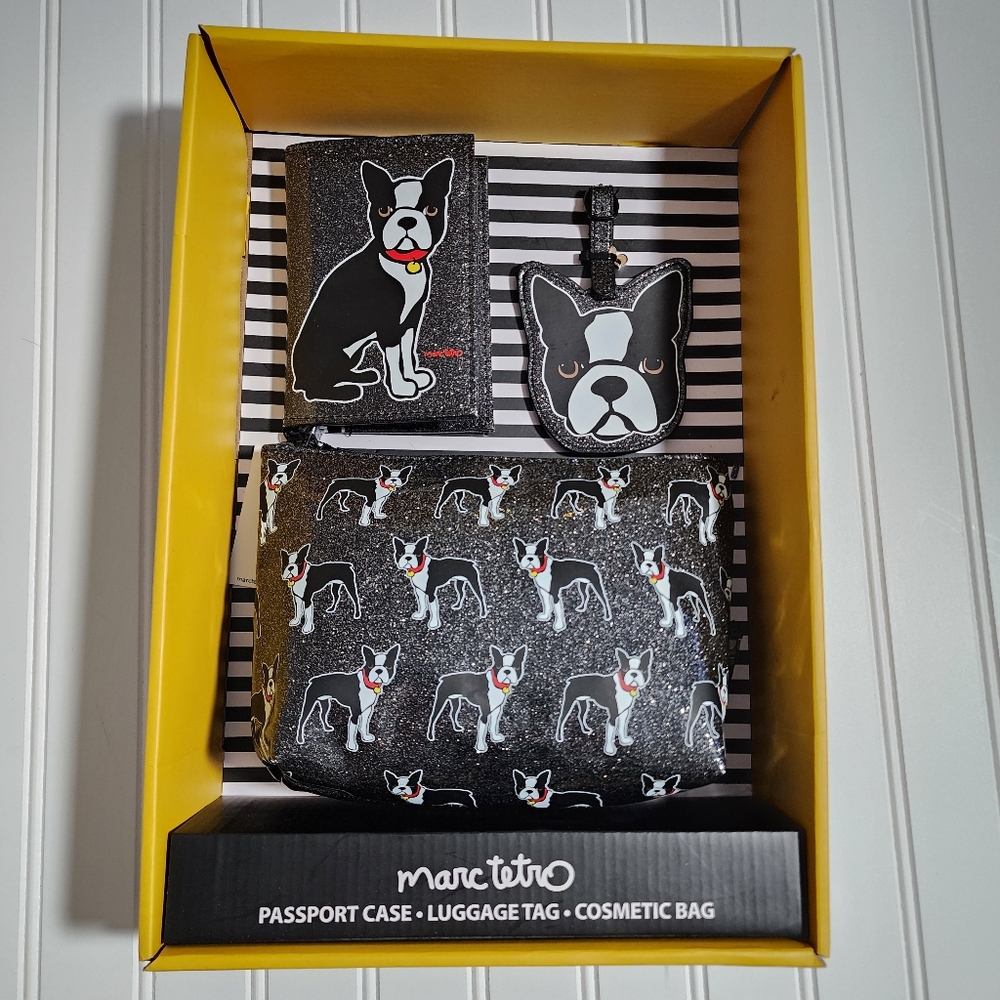 Marc Tetro Boston Terrier Travel Set Cosmetic Bag Passport and Luggage Tag NWT